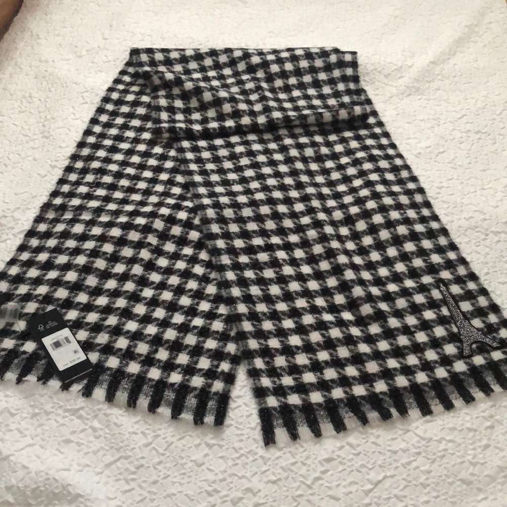Karl Lagerfeld Black & White Plaid Rectangular Scarf Eiffel Tower Patch NWT